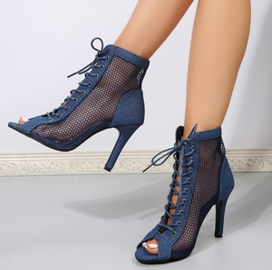 UP-4795R Sapatos de salto alto fino com cadarço para mulheres, sandálias de botins de malha de dedo aberto, tamanho 43 - Product Image 2