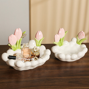 Ruijie Ceramic Tulip Storage Tray Irregular Shape Standing Type Multifunction Home <b>Decor</b> Key Holder <b>Dressing</b> <b>Table</b> Organizer - Product Image 2