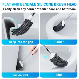 Ventilado a seco limpeza doméstica escova do toalete e tampa do assento com aço inoxidável Handle Silicone Toilet Brush