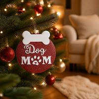 Ornement de Noël pour Parents d'Animaux de Compagnie, Disque Rond en Résine avec Empreinte de Patte et Os, Paillettes Rouges et Dorées, Cordon de Suspension, Décoration Murale, Cadeau pour Maman et Papa de Chien