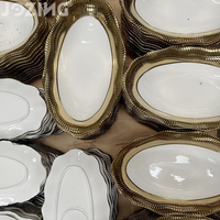 Ensemble de plats de service en céramique à bord doré de luxe, plateaux décoratifs en porcelaine blanche, forme de coquille et de feuille, vaisselle royale, cadeau