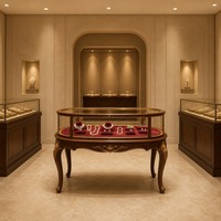 Vitrine d'îlot à bijoux incurvée rétro, style classique français, intérieur en velours rouge, éclairage intégré, personnalisable pour boutique