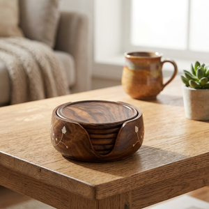 Handcrafted Wooden Coaster <b>Set</b> with Holder <b>Round</b> Wooden Drink Coasters <b>for</b> Coffee <b>Table</b> <b>Dining</b> <b>Table</b> Home Decor (<b>Set</b> of 6) - Product Image 6