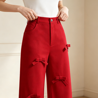 Pantalon décontracté plissé à taille haute pour femme, coupe droite, avec nœud et bouton, taille élastique, anti-plis, séchage rapide, respirant