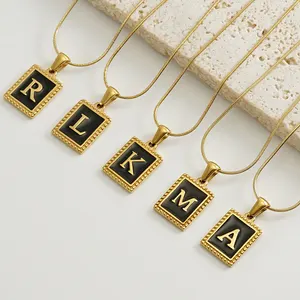 Fashion Stainless Steel 18k Gold Plated Snake Chain Square A~Z 26 English Alphabet Initial Letter Pendant Necklace Jewelry