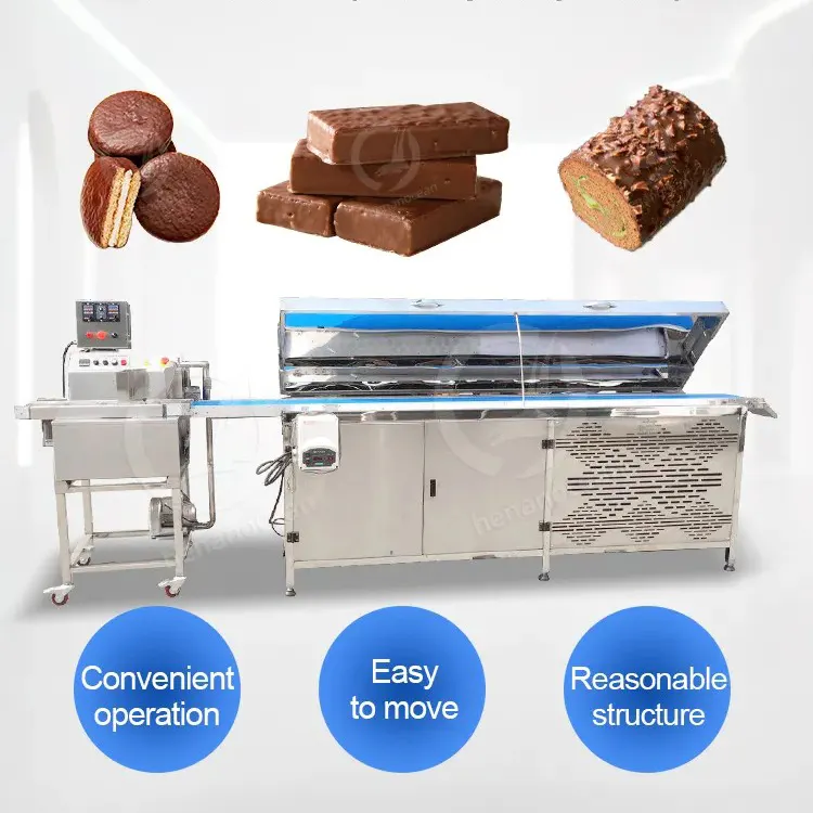 ماكينة تغطية الشوكولاتة الصغيرة الأوتوماتيكية من المصنع خط تغطية الشوكولاتة الصغير مع ماكينة التغطية بالشوكولاتة بمنفذ تبريد