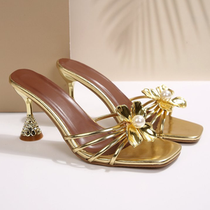 3102 New <b>Large</b> Size European and American Fashion High Heels Pearl Flower Square Head Versatile One Step Women's Cool Slippers - Product Image 3