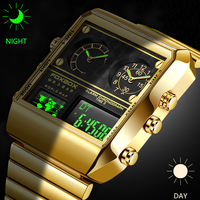 Untuk FB0011 Jam Tangan Olahraga Pria Sederhana Persegi Tampilan Analog Digital Emas Baja Tahan Karat Lampu Latar Timer Alarm Tanggal Dua Zona
