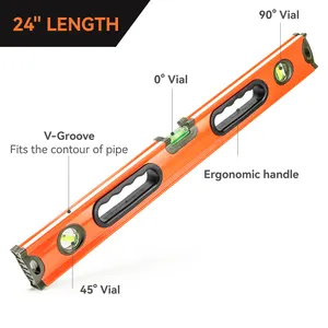 24-Inch Magnetic Bubble Level With Adjustable Vial And Top V-Groove High Viz Orange Aluminum Torpedo Spirit Level Tool