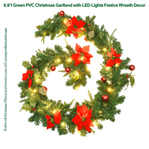 Guirnalda Navideña de PVC Verde de 8.9 Pies con Luces LED, Decoración de Corona, Blanco Cálido, Estilo Tradicional, para Montar en la Pared - Product Image 1