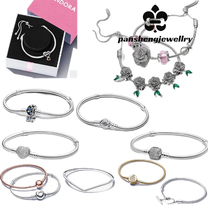 High Quality Women'S Luxury Jewelry 925 Silver Mother'S Day iPandorars Bracelet Roses Full Of Diamond Snake Bone Charm Bracelet