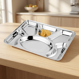 6-Section Stainless Steel Classic Rectangle Compartment Tray Eco-Friendly <b>Plate</b> Dish for Lunch Food Serving - Product Image 2
