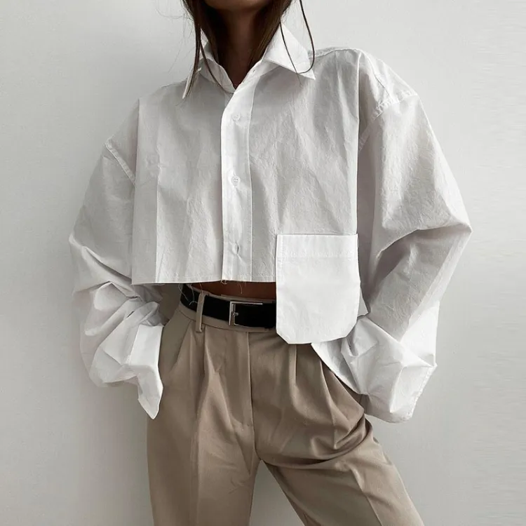 Enyami Autumn Work Leisure Shirt Crop Tops Long Sleeves Lapel Buttons Pocket Womens Irregular Casual Loose Blouses