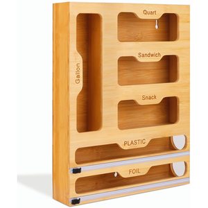 Organisateur mural pour sacs de conservation alimentaire en bambou avec compartiments pour film plastique et sacs, organisation de la cuisine - Product Image 1