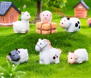 children kids toys mini animal farm fairy garden toy set dollhouse figures house alpaca sheep horse pig cow straw trolley resin