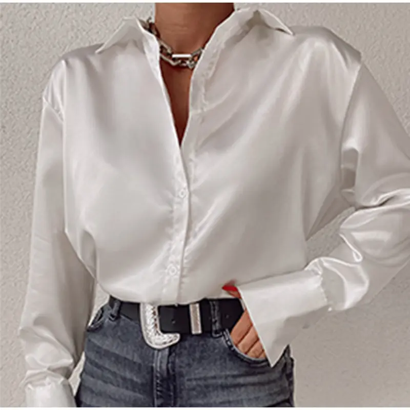 Spring Autumn Solid Long Sleeve Blouses Vintage Purple Casual Loose Buttons Elegant Satin Shirts Women Fashion Tops