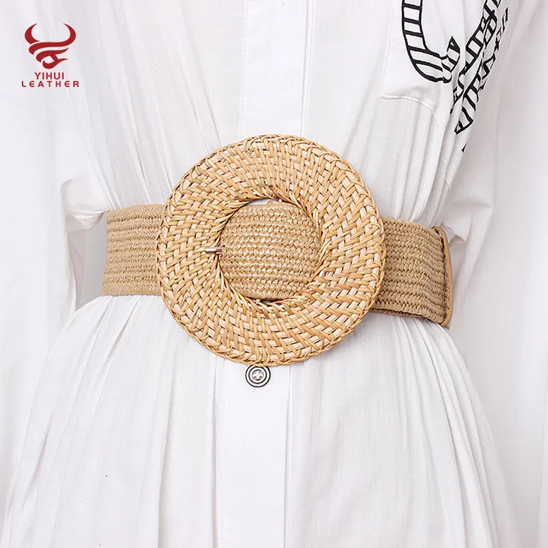 Wholesale Fashion Belts Female Rattan Buckles Woven Girls Big Belts Women Elastic Boho PP Straw Belts for Girls