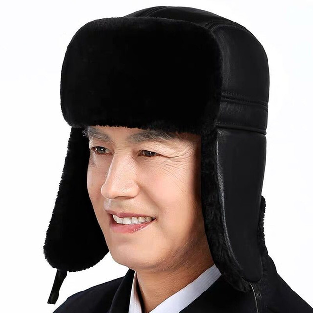 Mens WinterUnisex Shearling Sheepskin Leather Aviator Russian Ushanka Trapper Winter Fur Hats Cold Weather Hat for Men