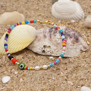 Pulsera de tobillo con cadenas bohemias, joyería étnica Bohemia para playa, multicolor, cuentas de cristal de arcoíris, perlas, para verano