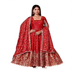 Red Silk Anarkali <b>Suit</b> With Embroidered Dupatta Traditional Indian <b>Wedding</b> <b>Dress</b> <b>Women</b> Floor-Length Loose Fit - Product Image 1