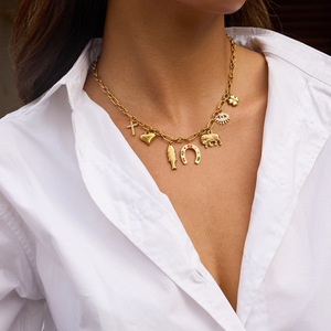 Collier porte-bonheur doré avec pendentifs fer à cheval, œil porte-bonheur, croix, cœur, poisson, éléphant pour femme, cadeau bijoux - Product Image 2