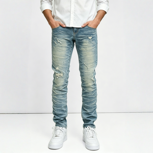 Pantalones vaqueros de estilo vintage con lavado sólido, efecto desgastado y bolsillos funcionales para un look urbano estilo punk y hip-hop. - Product Image 1