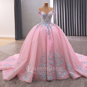 Robe de soirée d'été rose à épaules dénudées avec broderie de sequins et fleurs, style bouffant en organza, pour fêtes, Rsm241084E - Product Image 2