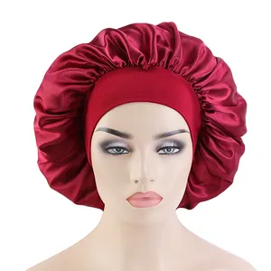 Logo Kustom Ukuran Besar Lebar Band Satin Bonnet Topi Tidur Warna Solid Penutup Rambut Topi Bonnet Disesuaikan untuk Wanita