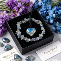 Collier en cristal avec pendentif en forme de cœur en labradorite naturelle et améthyste, bracelet avec perles en pierre, coffret cadeau, ensemble de bijoux pour femmes