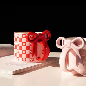 Creative Bow Handle Heart Ceramic Mug with Checkerboard Pattern for Home Decoration and Business Gifts - Product Image 2
