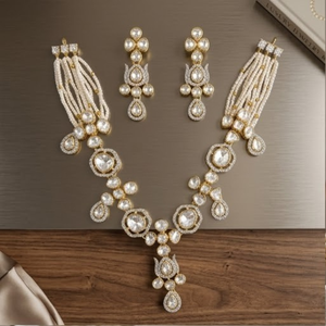 Elegant 925 Silver Kundan <b>Necklace</b> Set Traditional Bridal Jewelry Designer Pearl Earrings for Women Wear - Product Image 2