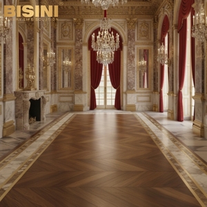 Parquet Chevron en Noyer de Luxe de Qualité Muséale avec Bordure en Marbre Blanc et Liseré en Laiton Façonné à la Main - Product Image 4
