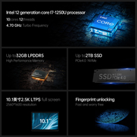 One Netbook 5 10.1 inci 2.5K IPS Mini PC Genggam Generasi ke-12 Intel Core I7-1250U Tablet PC Layar Sentuh Notebook