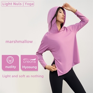 Xsunwing légèrement nu à capuche Yoga hauts à <span class=keywords><strong>manches</strong></span> <span class=keywords><strong>longues</strong></span> lâche et confortable vêtements de Yoga <span class=keywords><strong>sport</strong></span> <span class=keywords><strong>haut</strong></span> de fitness à la mode respirant t-s - Product Image 4