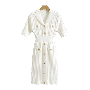 Elegante Vestido de Verano 2024 para Mujer, Cuello Solapa, Botones, Tejido Sólido, Corte Ajustado, Cintura Controlada, Largo Medio, Nylon/Algodón, Efecto Ilusión - Product Image 4