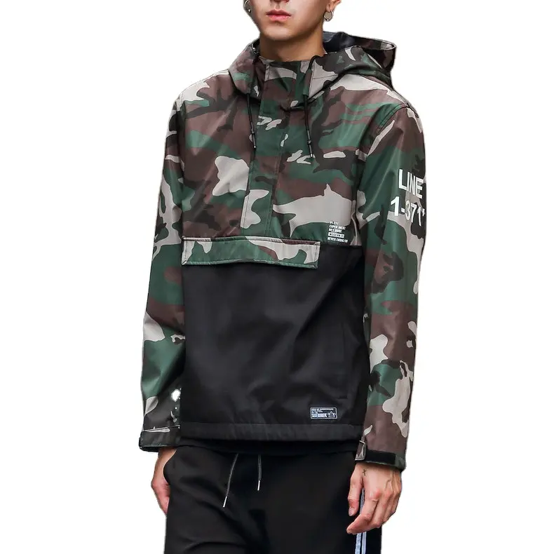 Cheap Wholesale Mens Custom Pullover Camo Windbreaker Jacket 100% Polyester Two Tone Jacket