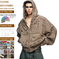 TKAN540 Sweat à capuche zippé de haute qualité en tissu éponge coupé, style boxy, délavé vintage, épaules tombantes, streetwear pour homme
