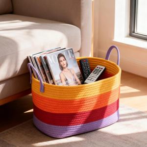 Panier de rangement en corde de coton tissée multicolore rectangulaire moderne en gros, poignées écologiques, panier à linge pour la crèche, jouets, couvertures - Product Image 1