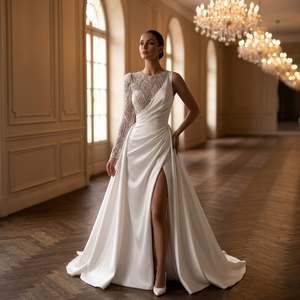 Hand <b>Beaded</b> Sleeveless Bridal Dress Crystal Embroidery Draped Satin <b>Skirt</b> Natural Waistline Floor-Length Sweep Train Plus Size - Product Image 3
