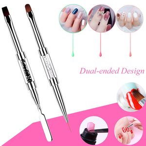 Pinceau à ongles double tête en nylon pour gel, avec manche métallique, repousse-cuticules, outil multifonction pour extension de polygel, idéal pour salon - Product Image 3
