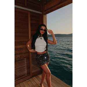 Mini Tie-Up <b>Pencil</b> <b>Skirt</b> in <b>Grey</b> Satin and Chiffon Winter Floral Print XS Size Ruched Ruffled Decoration Spandex Material - Product Image 3