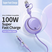 Câble de charge USB-C rétractable 4-en-1 de 1 m, charge rapide PD 100 W, chargeur double tête extensible pour voiture, iPhone, téléphones Android
