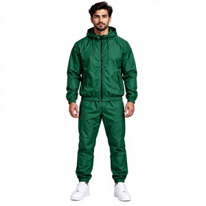 Ensemble de survêtement vert uni à capuche pour homme MEAAK, coupe-vent, 100 % nylon respirant, écoresponsable, streetwear, fermeture éclair intégrale sur le devant - Product Image 1