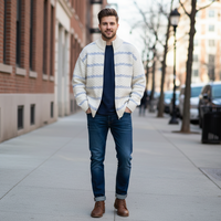Herbst/Winter Kontrastfarbener Gestreifter Stehkragen-Seiden-Cardigan, Koreanischer Stil Lässiger Streetwear-Pullover für Herren, Locker Geschnitten im Old Money Look