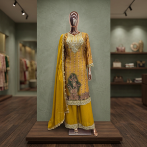 Yellow Embroidered Women's Traditional <b>Indian</b> Pakistani Set Long Sleeve <b>Kurta</b> Palazzo Dupatta Beaded Lace Quick Dry Dress Outfit - Product Image 3