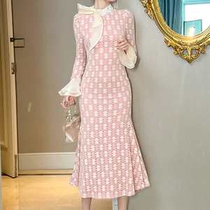 ZYHT 11365 French Style Women Elegant <strong>Long</strong> Casual Winter Clothes <strong>Long</strong> Sleeve Bodycon Prom Pink <strong>Sunflower</strong> <strong>Dresses</strong> for Ladies - Product Image 2