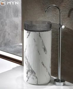 Meiyani Modern Round Transparent Pedestal Hand Face Wash Basin Free Standing Crystal Glass Bowl for Hotel