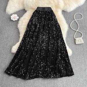 Printemps automne <span class=keywords><strong>taille</strong></span> <span class=keywords><strong>élastique</strong></span> mince sur le genou une ligne <span class=keywords><strong>jupe</strong></span> mode paillettes scintillantes grande <span class=keywords><strong>jupe</strong></span> balançoire - Product Image 5
