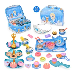 Tea Party Set for Little Girls Frozen Toys for Girls Elsa Princess 50 Pack Kids Kitchen Pretend Toy with Tin Tea Set Desserts