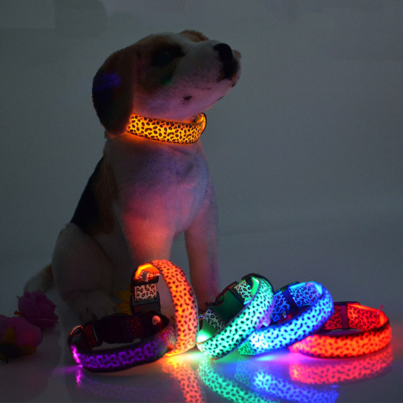 Adjustable Nylon LED Dog Cat Collar Luminous Leopard Glowing Lights  Electronic Pet Night Safety Flashlight LED Technology